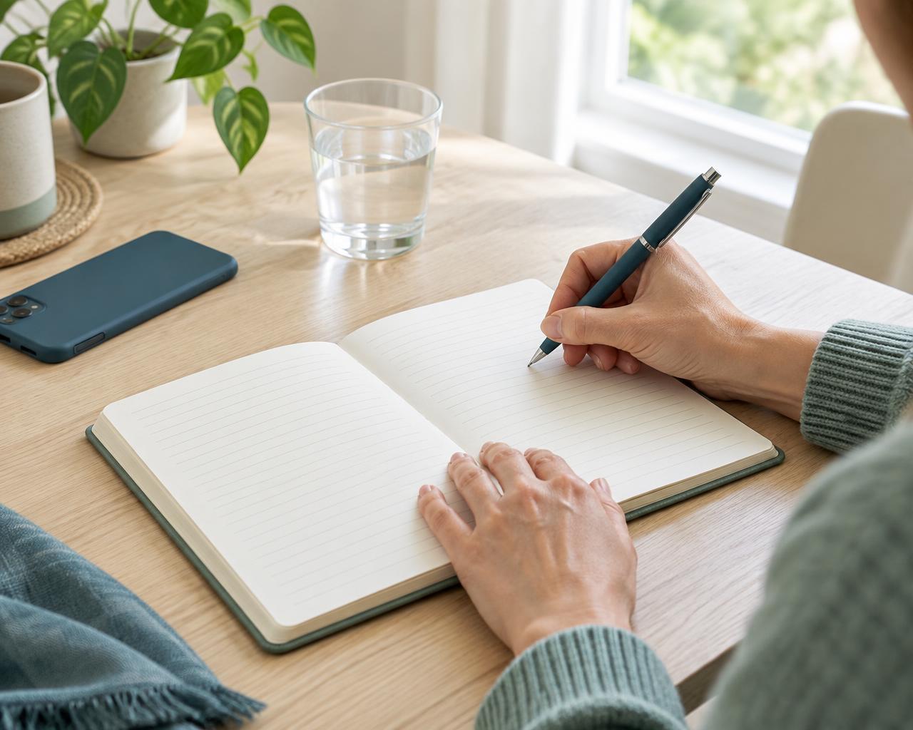 Una persona escribe en su cuaderno con el teléfono apartado, en un momento tranquilo